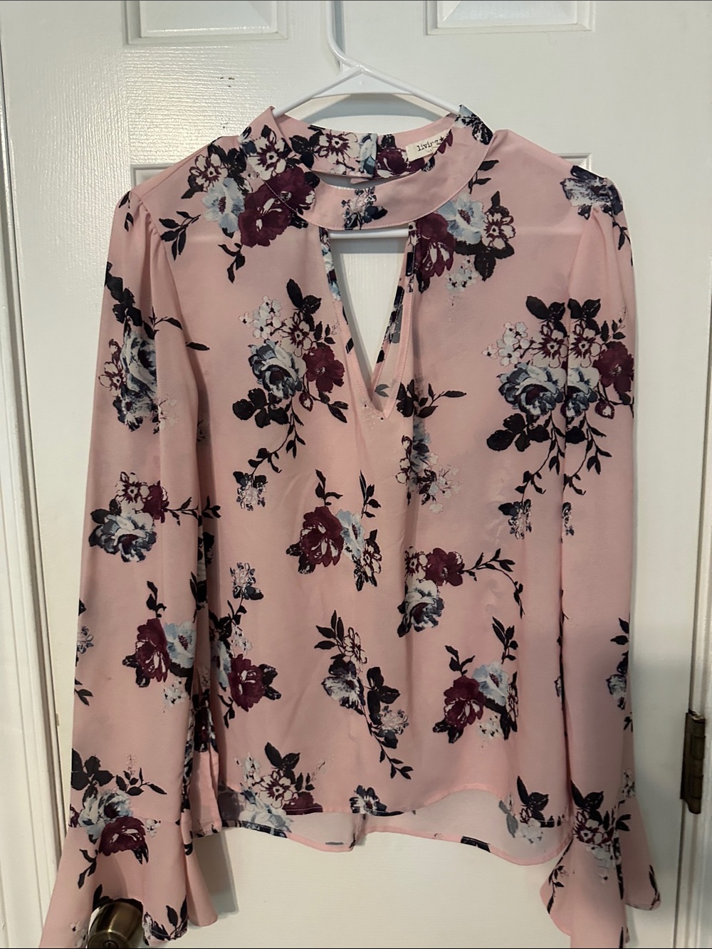 living doll Pink Floral Keyhole Mock-Neck Blouse Runs small